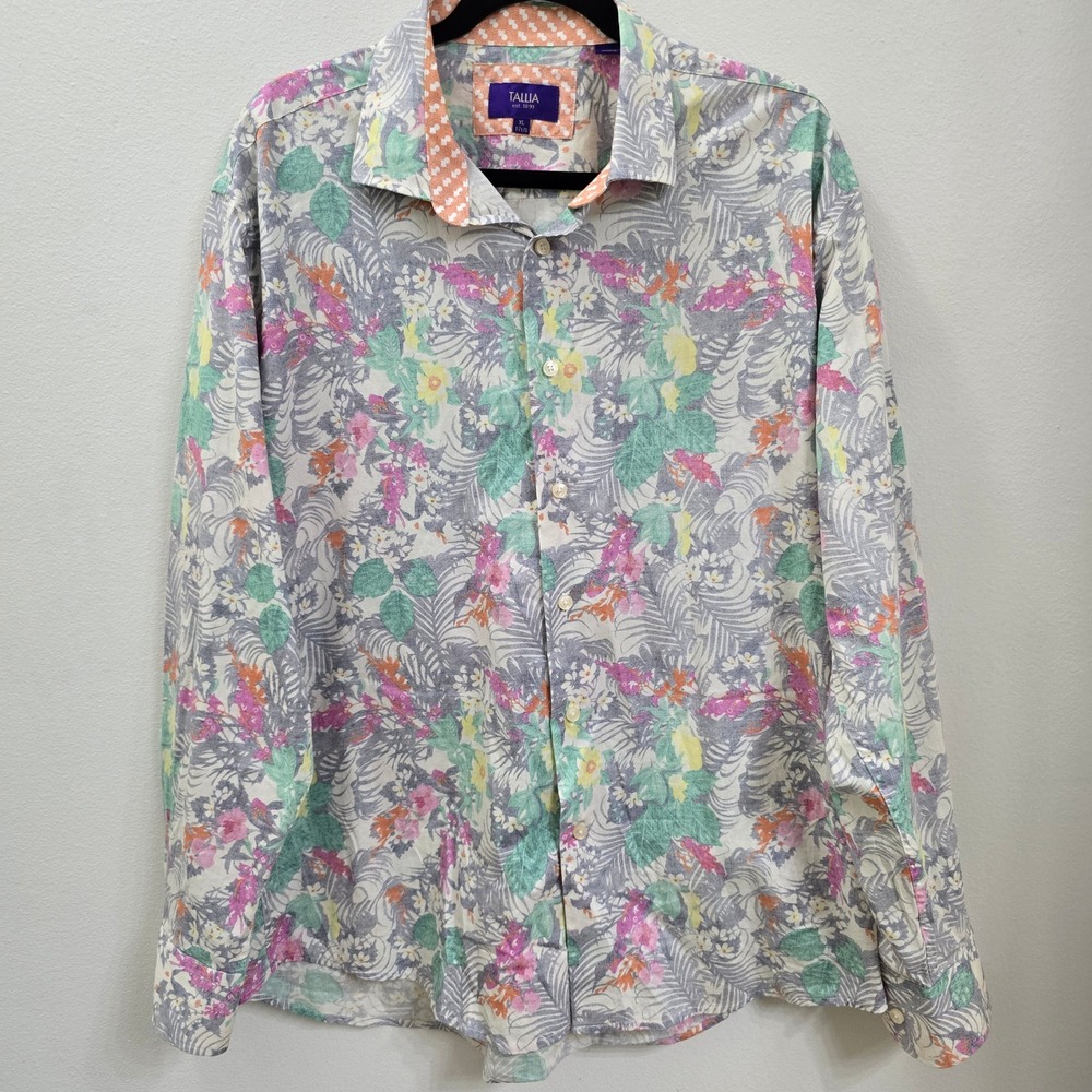 Tallia Orange Mens XL Floral Tropical‎ Palm Print Button Down Cotton Shirt